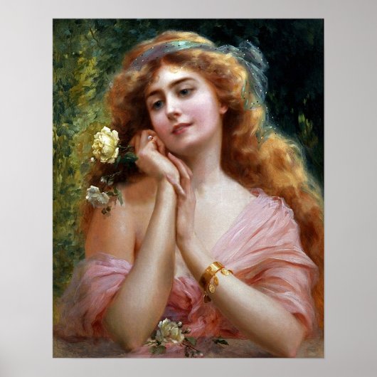 dame in roze met gele rozen poster (Voorkant)