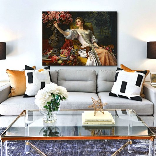 dame in roze Oranje dress & roze Rose Canvas Afdruk