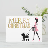 dame in roze zwarte poedel Vrolijk kerstfeest Kaart (Staand voorkant)