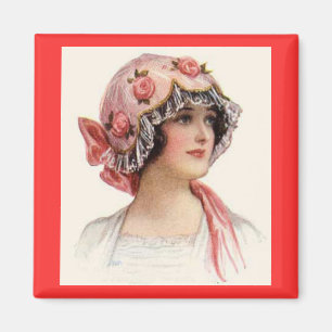  dame in Silk Flowered Bonnet Magneet
