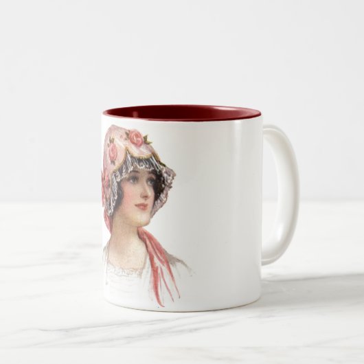  dame in Silk Flowered Bonnet Tweekleurige Koffiemok (Voorkant rechts)