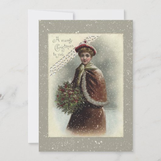  dame in sneeuw met kerstcadeautje feestdagenkaart (Voorkant)