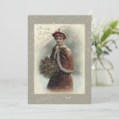  dame in sneeuw met kerstcadeautje feestdagenkaart (Staand voorkant)