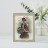  dame in sneeuw met kerstcadeautje feestdagenkaart (Staand voorkant)