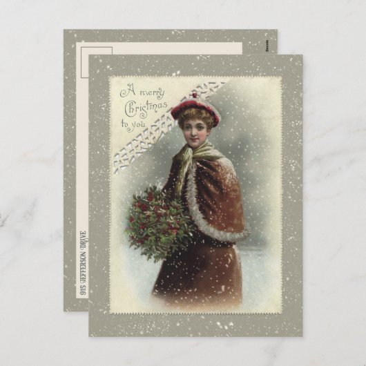  dame in sneeuw met kerstcadeautje feestdagenkaart (Voorkant / Achterkant)