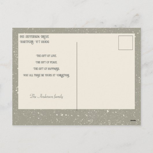  dame in sneeuw met kerstcadeautje feestdagenkaart (Achterkant)