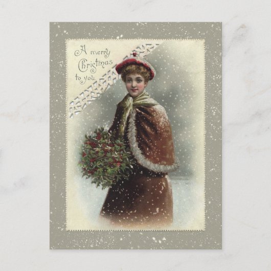  dame in sneeuw met kerstcadeautje feestdagenkaart (Voorkant)