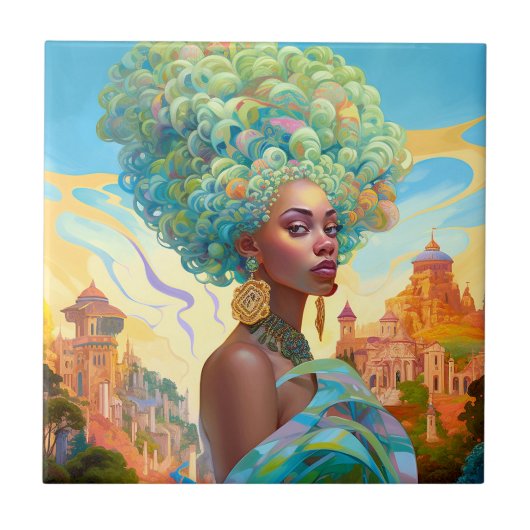 Dame in Surreal World Afro-Amerikaanse Kunst Tegeltje (Voorkant)
