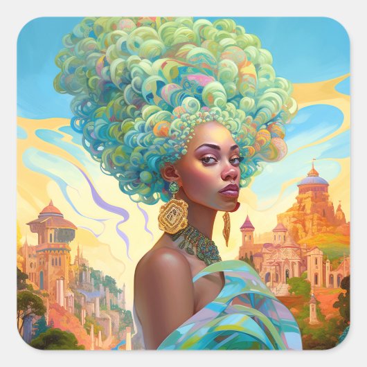Dame in Surreal World Afro-Amerikaanse Kunst Vierkante Sticker (Voorkant)