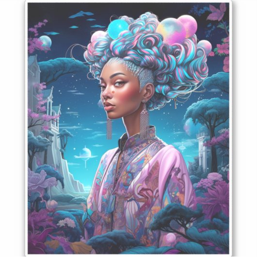 Dame in Surrealistische Wereld Afro-Amerikaanse Ku Sticker (Voorkant)