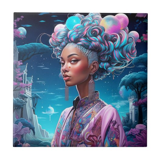 Dame in Surrealistische Wereld Afro-Amerikaanse Ku Tegeltje (Voorkant)