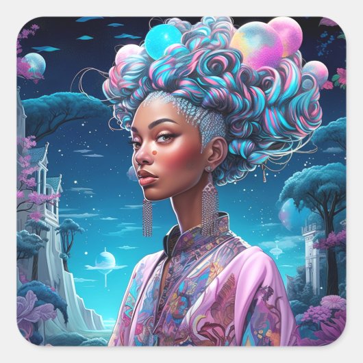 Dame in Surrealistische Wereld Afro-Amerikaanse Ku Vierkante Sticker (Voorkant)