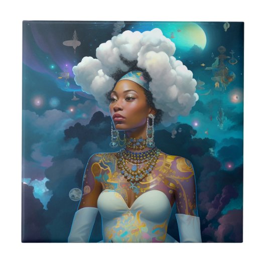 Dame in surrealistische wereld kosmische Afrikaans Tegeltje (Voorkant)