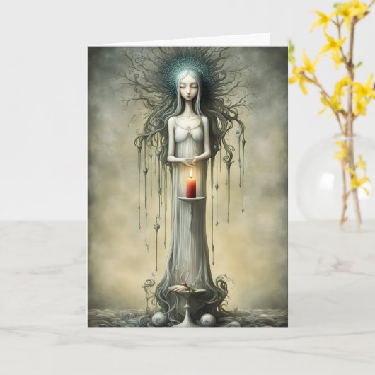 Dame in Wit met Rode Kaars Gotische Verjaardag Kaart (Gele Bloem)