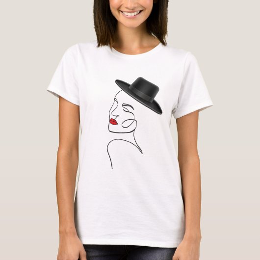 Dame in zwart Pet met rode lippen lijn kunst T-shirt (Voorkant)