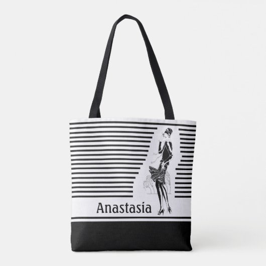  dame in zwart-wit tote bag (Achterkant)