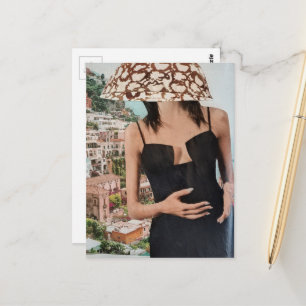 Dame in zwarte jurk met kom op haar hoofd collage briefkaart
