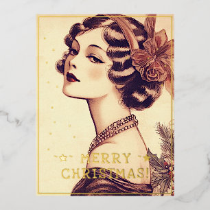 dame kerst thema groeten retro foto folie feestdagen briefkaart