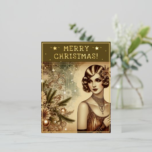  dame kerst thema groeten retro foto folie feestdagen briefkaart (Staand Voorkant)