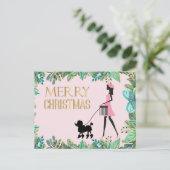Dame lopen zwart poedel Vrolijk kerstfeest Briefkaart (Staand voorkant)