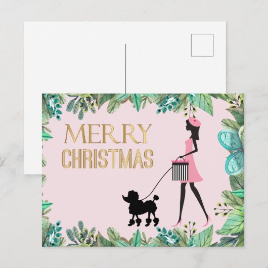 Dame lopen zwart poedel Vrolijk kerstfeest Briefkaart (Voorkant / Achterkant)