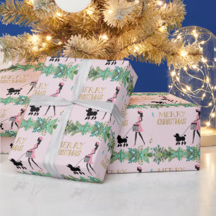 Dame lopen zwart poedel Vrolijk kerstfeest Cadeaupapier