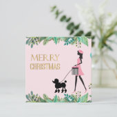  Dame lopen zwart poedel Vrolijk kerstfeest Feestdagenkaart (Staand voorkant)