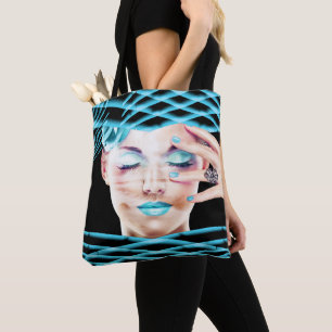 Dame met blauwe make-up ogen gesloten dromen tote bag