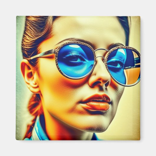 dame met blauwe zonnebril met reflectie magneet (Voorkant)