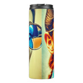  dame met blauwe zonnebril met reflectie thermosbeker (Achterkant)