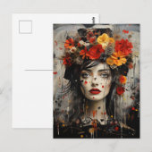Dame met bloemen in haar haar grunge schilderij briefkaart (Voorkant / Achterkant)