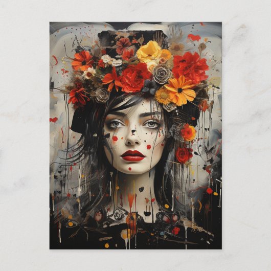 Dame met bloemen in haar haar grunge schilderij briefkaart (Voorkant)