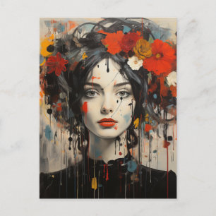 Dame met bloemen in haar haar grunge schoonheid briefkaart