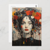 Dame met bloemen in haar haar grunge schoonheid briefkaart (Voorkant / Achterkant)