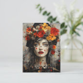 Dame met bloemen in haar haar rommelig schilderij briefkaart (Staand voorkant)