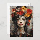 Dame met bloemen in haar haar rommelig schilderij briefkaart (Voorkant / Achterkant)