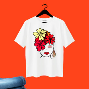 Dame met bloemen portret grote maat t-shirt
