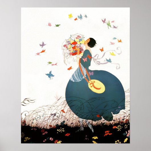 DAME MET BLOEMENBOeket EN VLINDERS Poster (Voorkant)