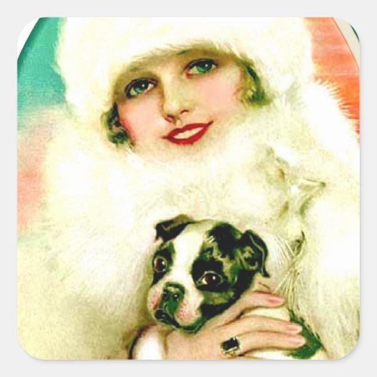  dame met Boston Terrier Vierkante Sticker (Voorkant)