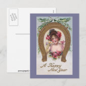 Dame met Champagne Antiek Nieuwjaar Feestdagenkaart (Voorkant / Achterkant)