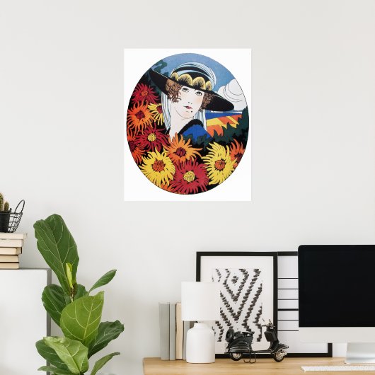 Dame met chrysantenbloemen poster (Thuiskantoor)