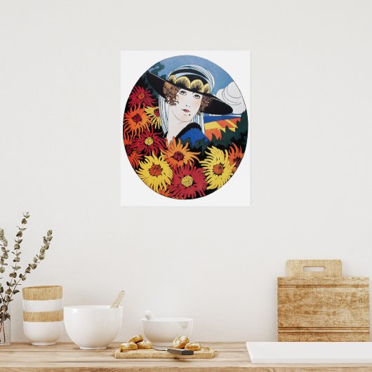 Dame met chrysantenbloemen poster (Keuken)