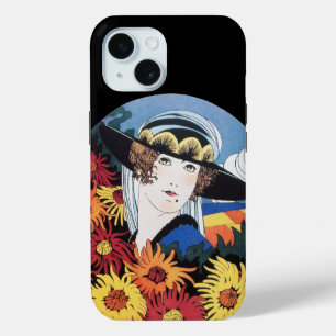 Dame met chrysanthemum bloemen, zwart iPhone 15 case