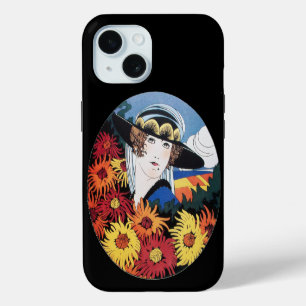 Dame met chrysanthemum bloemen, zwart iPhone 15 case