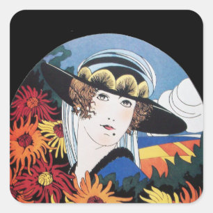 Dame met Chrysanthemum Flowers Vierkante Sticker