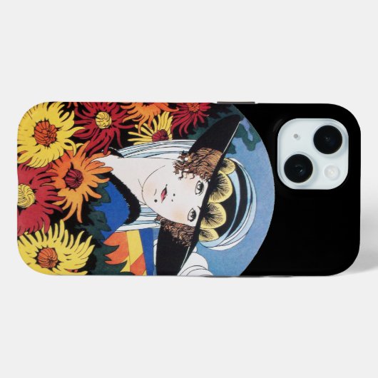 Dame met chrysanthemumbloemen, zwart Case-Mate iPhone case (Achterkant (horizontaal))