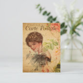  dame met Cute Cat Floral Frans Briefkaart (Staand voorkant)