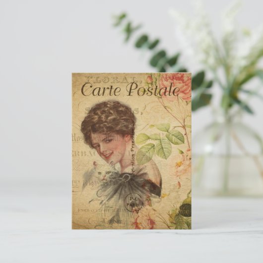  dame met Cute Cat Floral Frans Briefkaart (Staand voorkant)