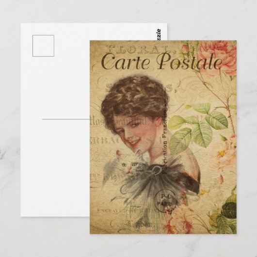 dame met Cute Cat Floral Frans Briefkaart (Voorkant / Achterkant)