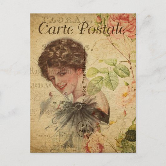  dame met Cute Cat Floral Frans Briefkaart (Voorkant)